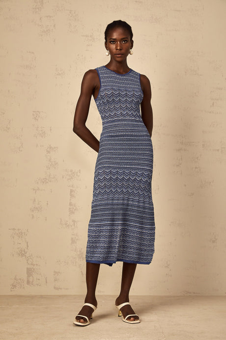 Aurohaya Ingrid Blue Wavy Crochet Knit Midi Dress