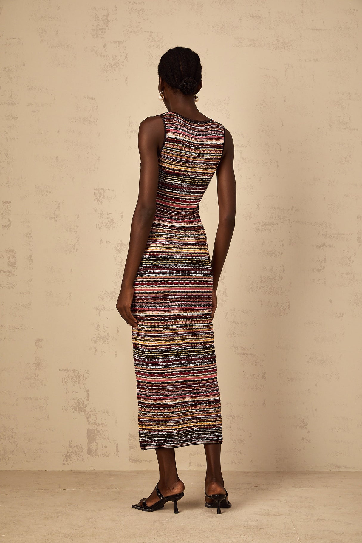 Aurohaya Quentin Purple Striped Crochet Knit Midi Dress