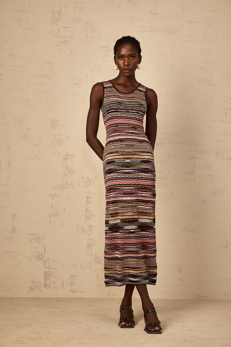 Aurohaya Quentin Purple Striped Crochet Knit Midi Dress