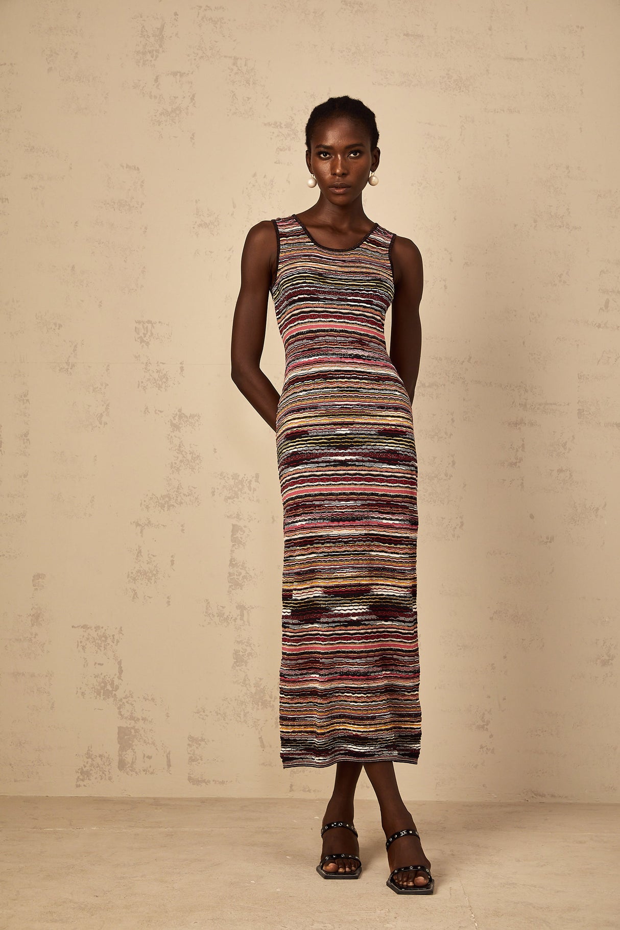 Aurohaya Quentin Purple Striped Crochet Knit Midi Dress