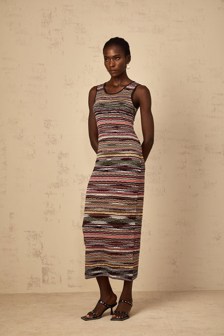 Aurohaya Quentin Purple Striped Crochet Knit Midi Dress