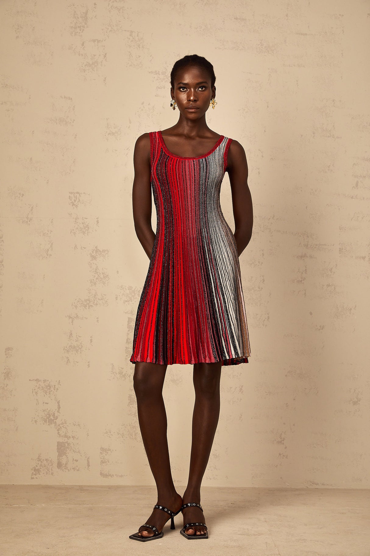 Aurohaya Amaryllis Red Sequin Striped Knit Mini Dress