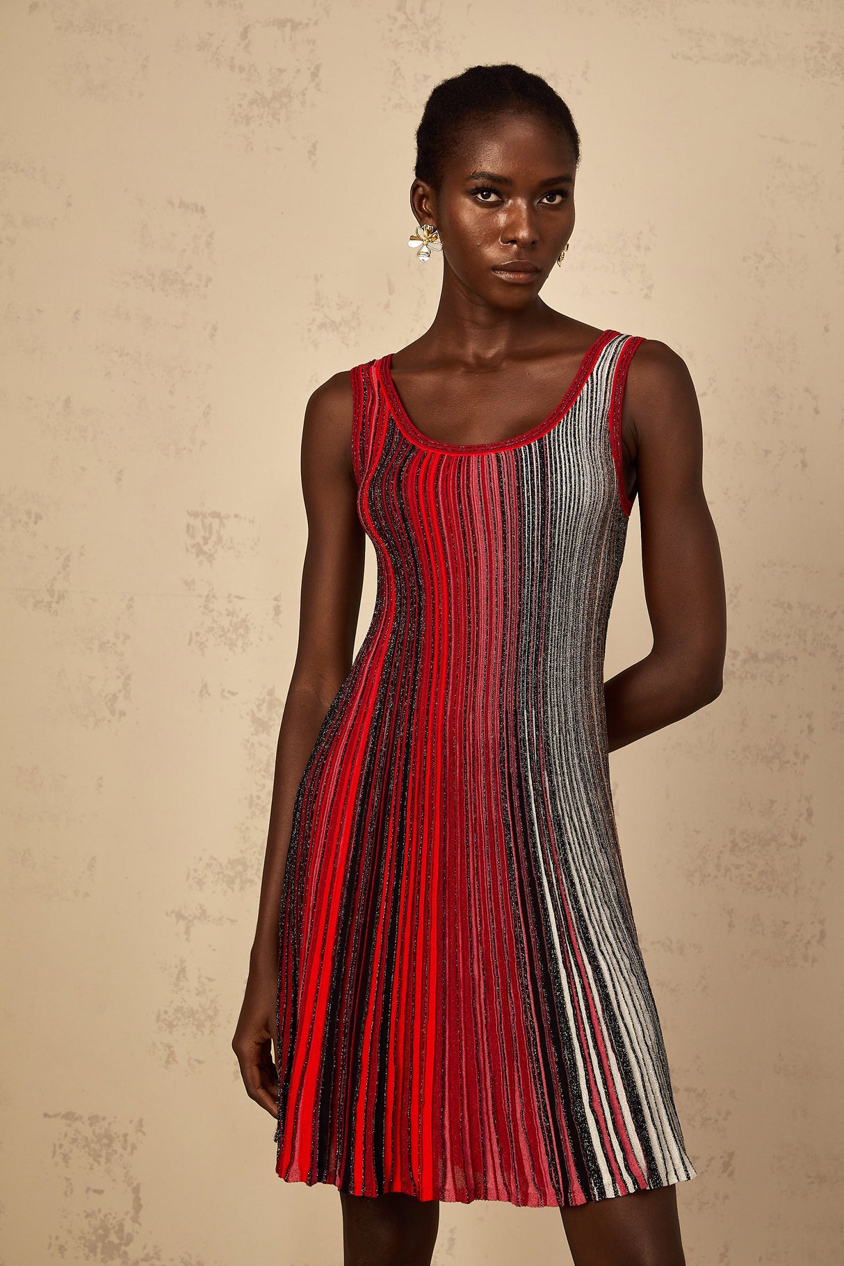 Aurohaya Amaryllis Red Sequin Striped Knit Mini Dress
