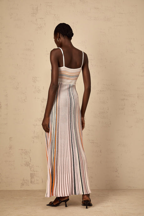 Aurohaya Bruyère Neutral Sequin Striped Knit Maxi Dress