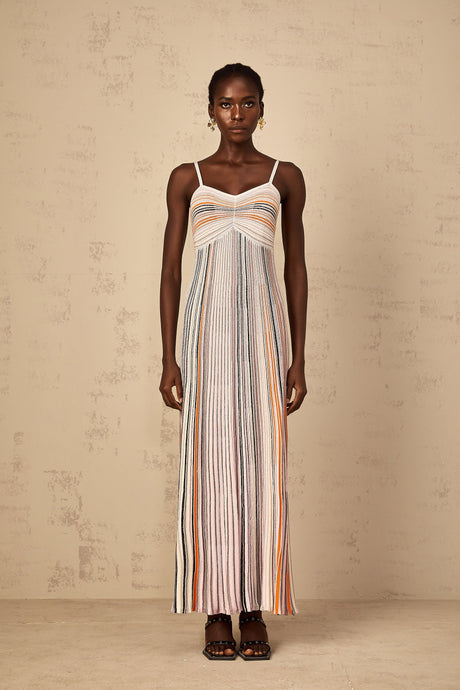 Aurohaya Bruyère Neutral Sequin Striped Knit Maxi Dress