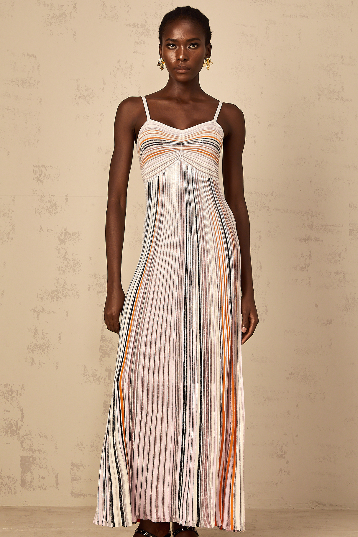 Aurohaya Bruyère Neutral Sequin Striped Knit Maxi Dress