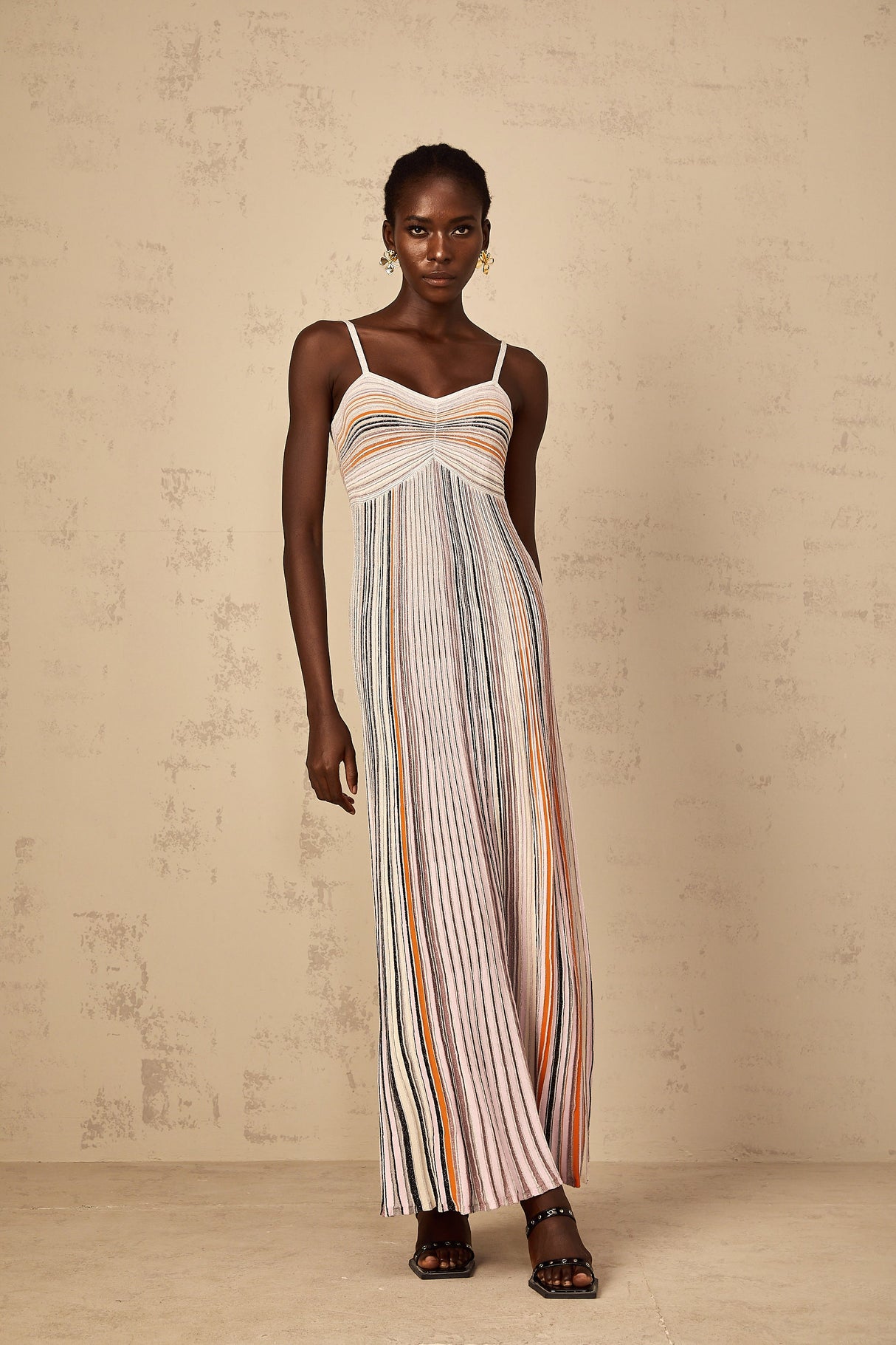 Aurohaya Bruyère Neutral Sequin Striped Knit Maxi Dress