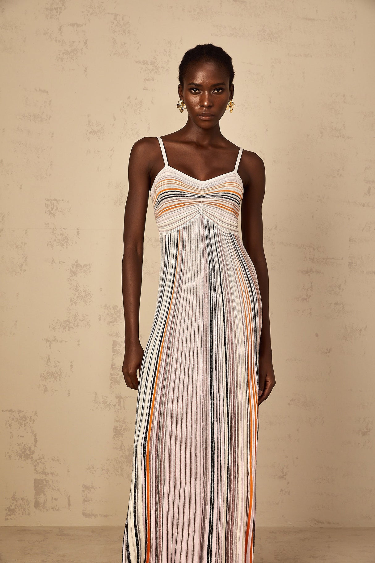 Aurohaya Bruyère Neutral Sequin Striped Knit Maxi Dress
