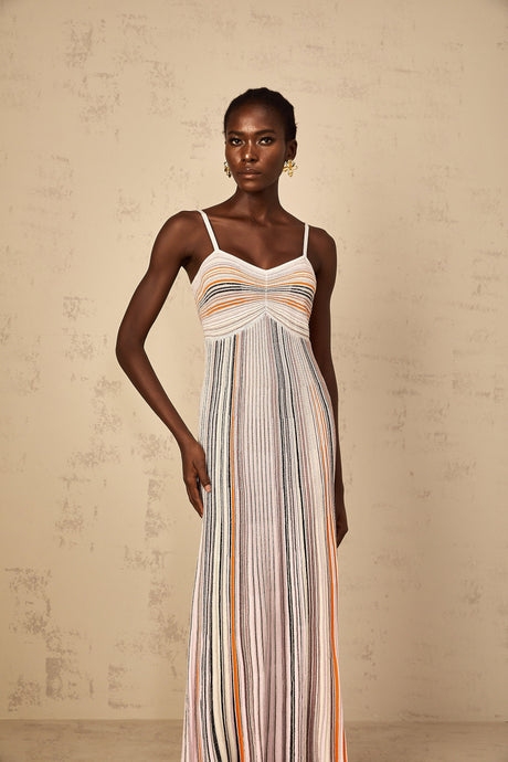 Aurohaya Bruyère Neutral Sequin Striped Knit Maxi Dress