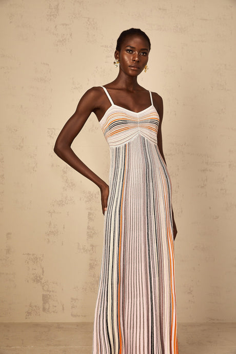 Aurohaya Bruyère Neutral Sequin Striped Knit Maxi Dress
