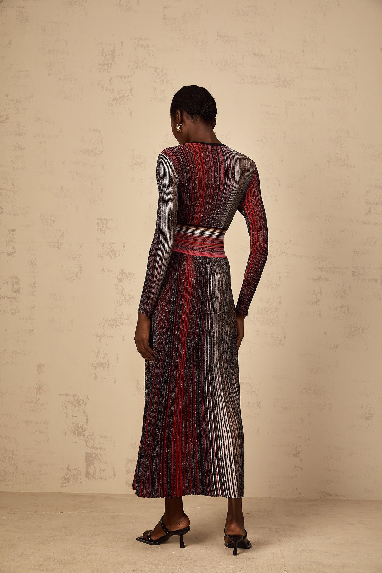 Aurohaya Amaryllis Red Long Sleeve Sequin Striped Knit Maxi Dress