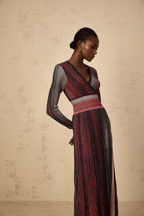 Aurohaya Amaryllis Red Long Sleeve Sequin Striped Knit Maxi Dress
