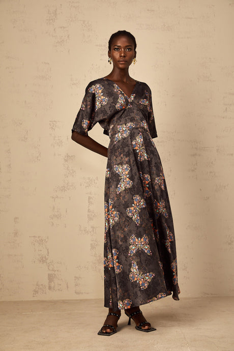 Aurohaya Glannon Black Self-Tie Butterfly Print Maxi Dress