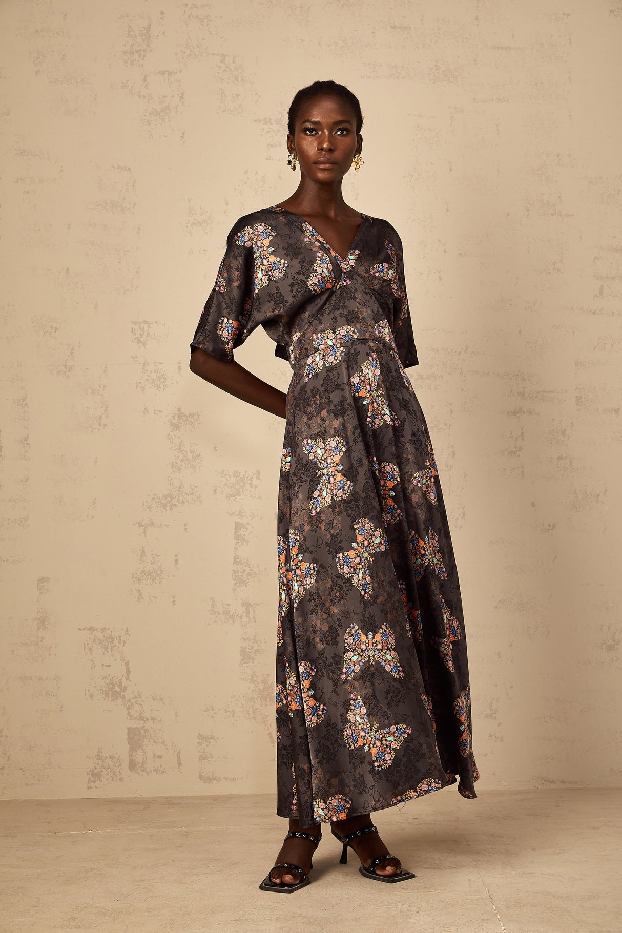Aurohaya Glannon Black Self-Tie Butterfly Print Maxi Dress