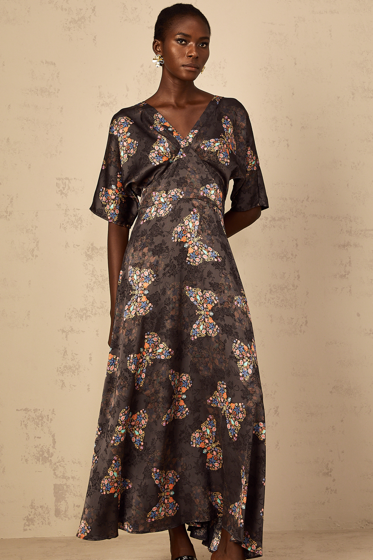 Aurohaya Glannon Black Self-Tie Butterfly Print Maxi Dress