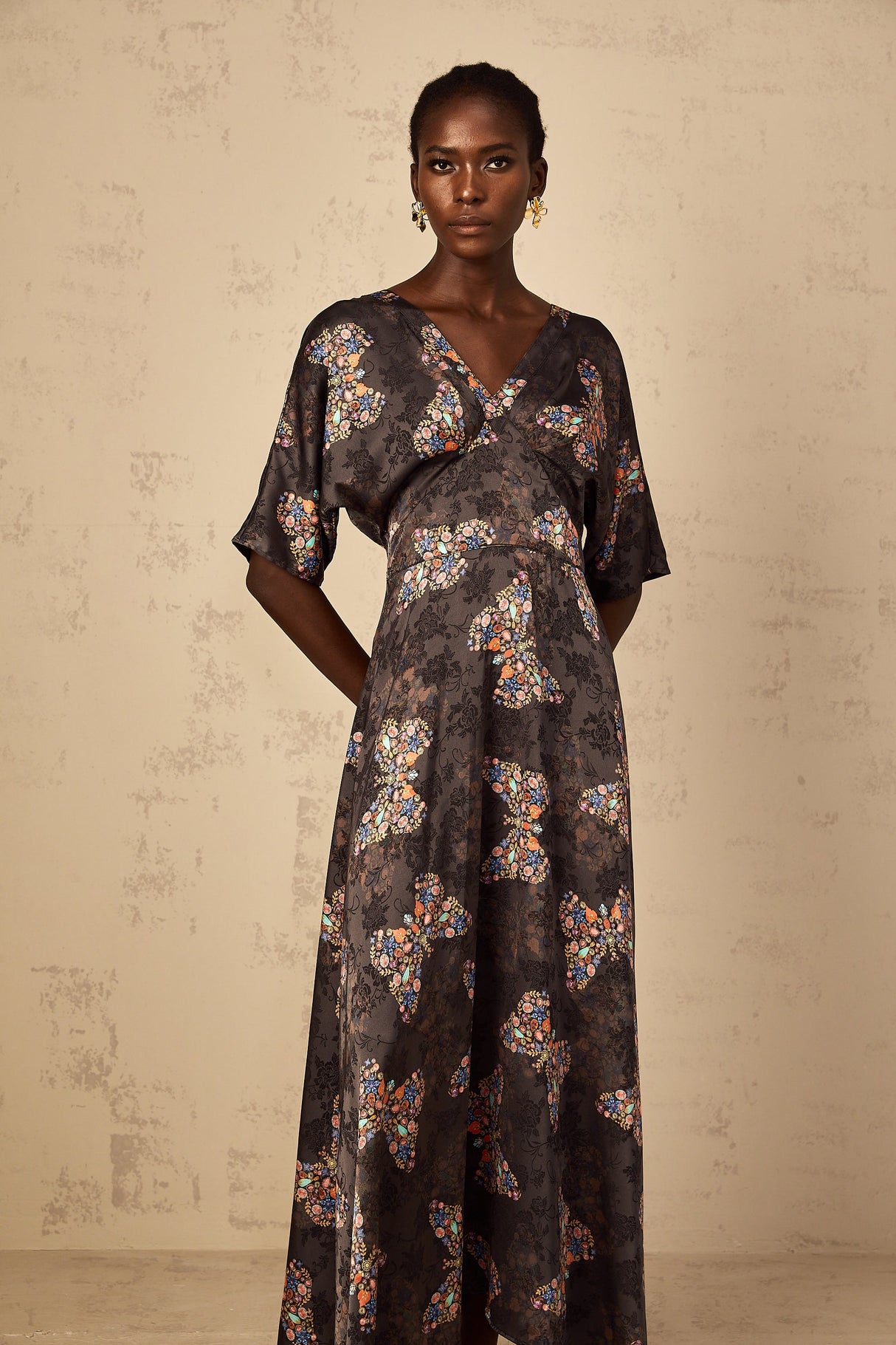 Aurohaya Glannon Black Self-Tie Butterfly Print Maxi Dress