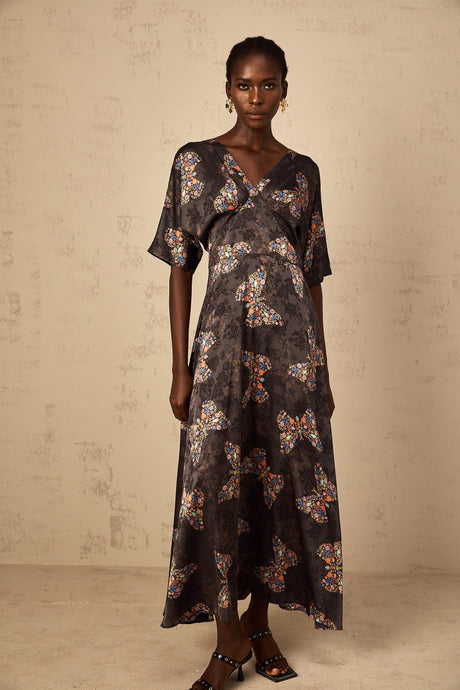 Aurohaya Glannon Black Self-Tie Butterfly Print Maxi Dress