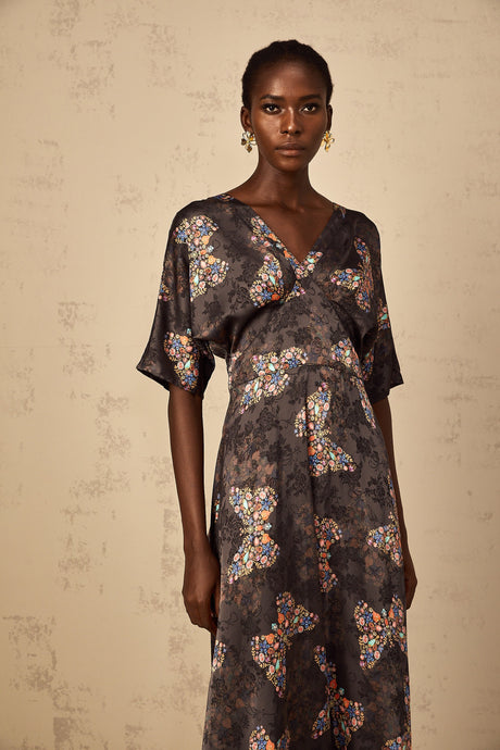 Aurohaya Glannon Black Self-Tie Butterfly Print Maxi Dress
