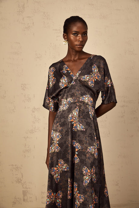 Aurohaya Glannon Black Self-Tie Butterfly Print Maxi Dress