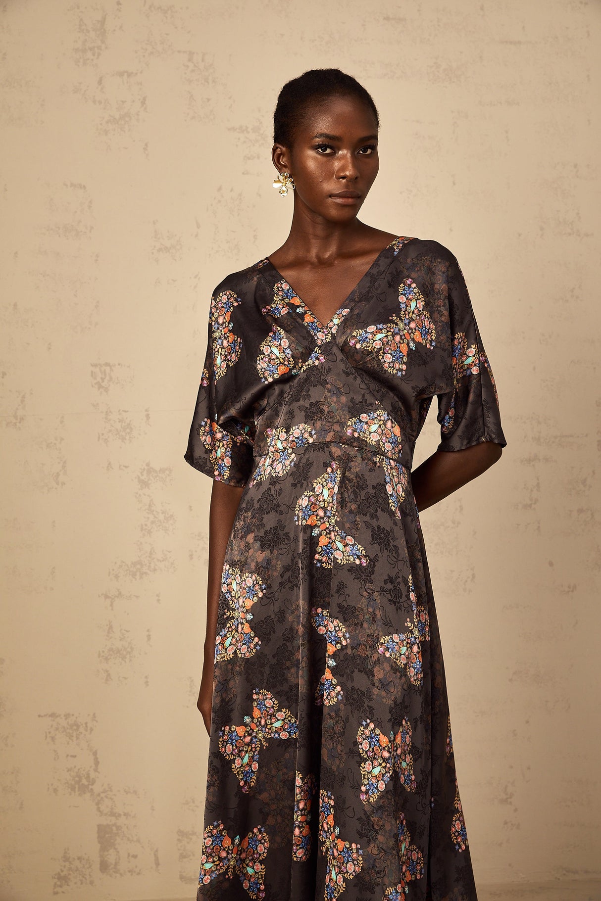 Aurohaya Glannon Black Self-Tie Butterfly Print Maxi Dress