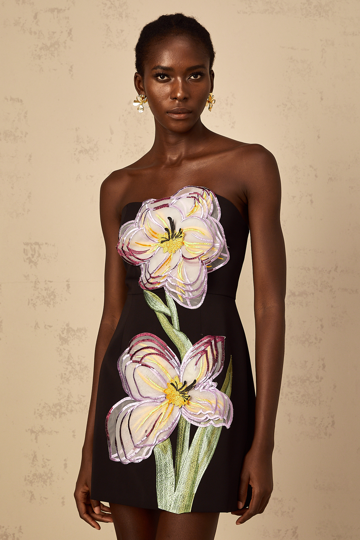 Aurohaya Irène Black Off-Shoulder Sequin Floral Embroidered Mini Dress