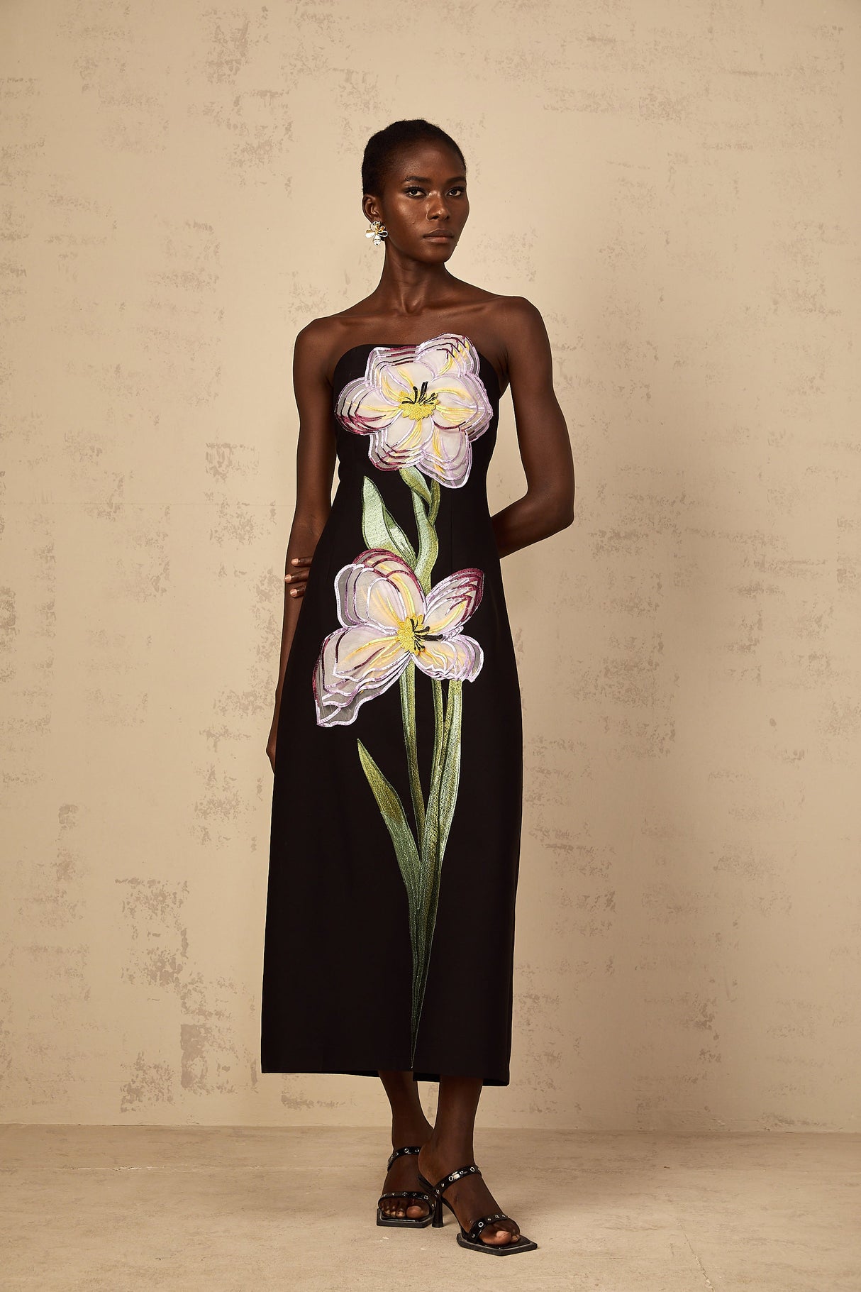Aurohaya Irène Sequin Embroidered Off-Shoulder Midi Dress in Black