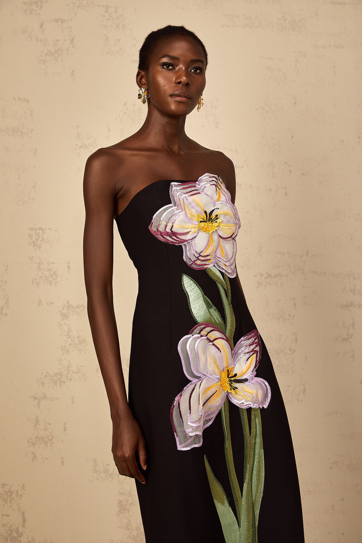 Aurohaya Irène Sequin Embroidered Off-Shoulder Midi Dress in Black