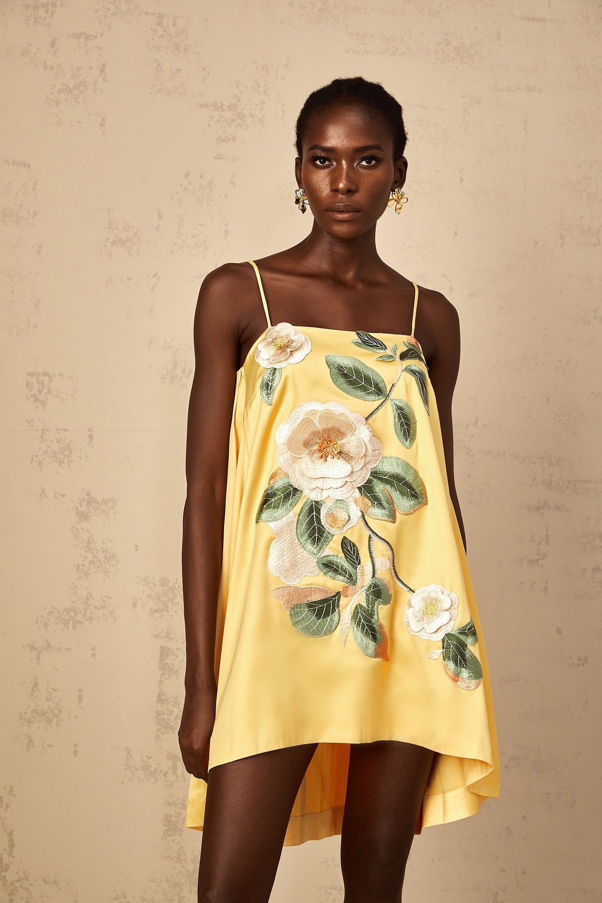 Aurohaya Avril Yellow Floral Embroidered Mini Dress