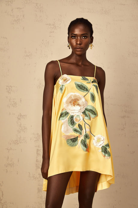 Aurohaya Avril Yellow Floral Embroidered Mini Dress