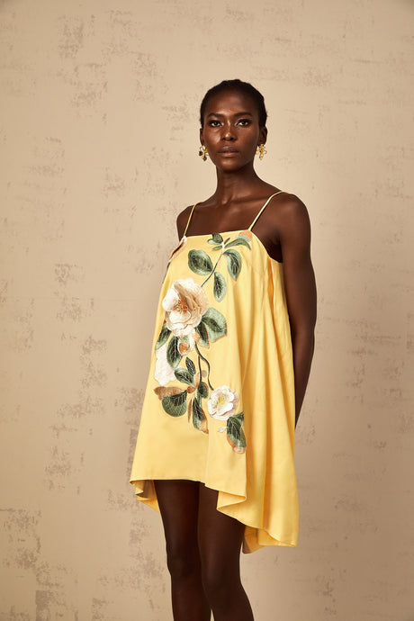 Aurohaya Avril Yellow Floral Embroidered Mini Dress