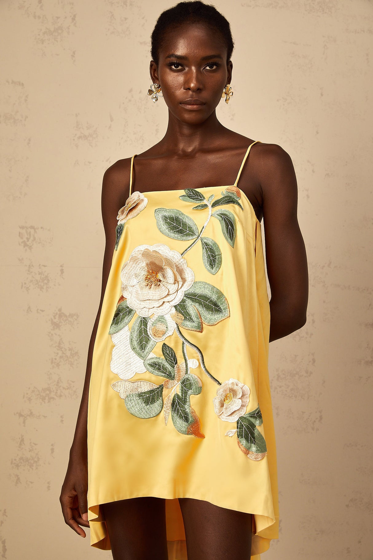 Aurohaya Avril Yellow Floral Embroidered Mini Dress