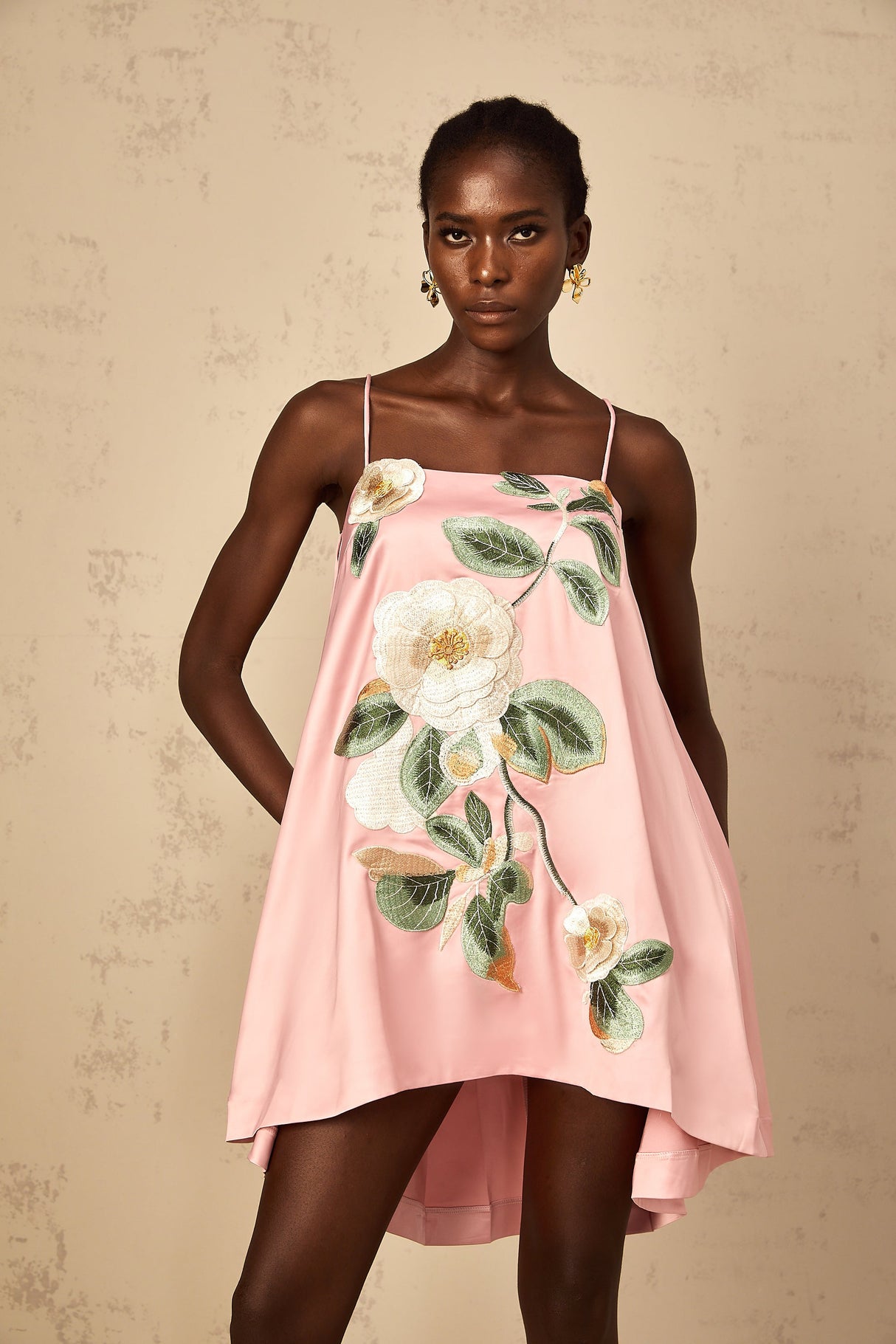 Aurohaya Avril Pink Floral Embroidered Satin Mini Dress