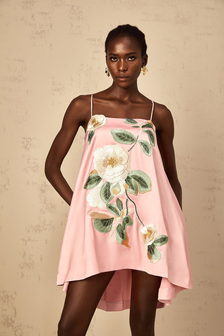Aurohaya Avril Pink Floral Embroidered Satin Mini Dress