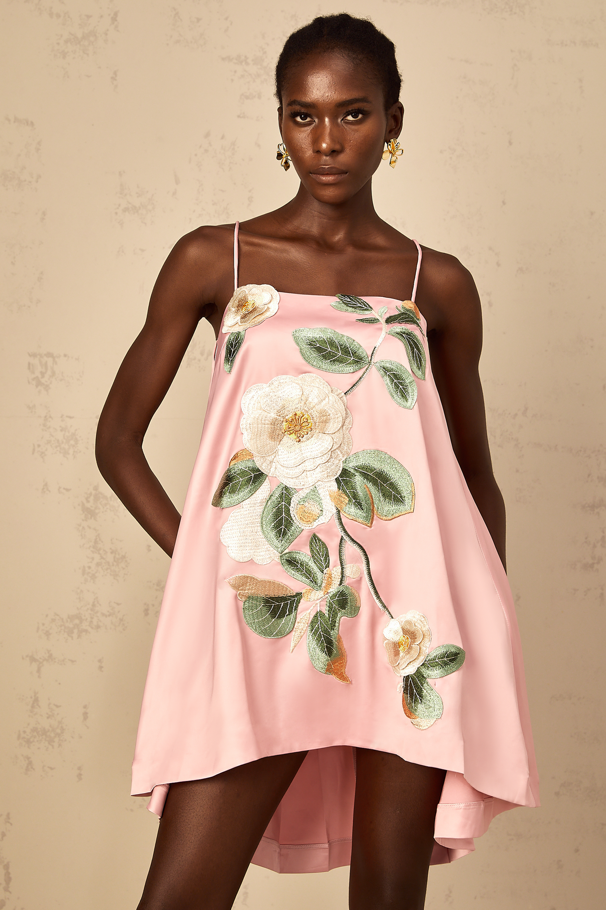 Aurohaya Avril Pink Floral Embroidered Satin Mini Dress