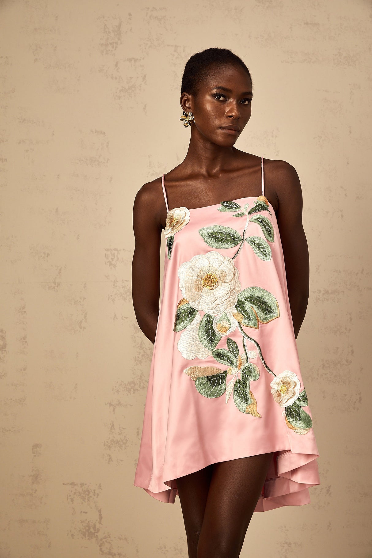 Aurohaya Avril Pink Floral Embroidered Satin Mini Dress