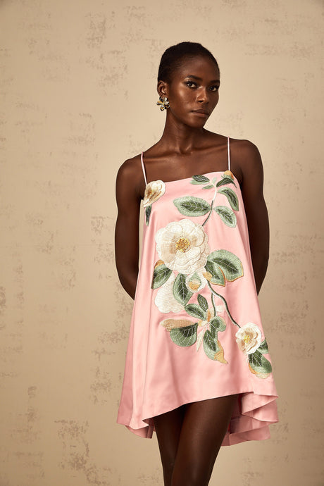 Aurohaya Avril Pink Floral Embroidered Satin Mini Dress