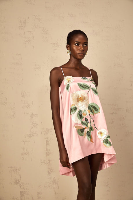 Aurohaya Avril Pink Floral Embroidered Satin Mini Dress
