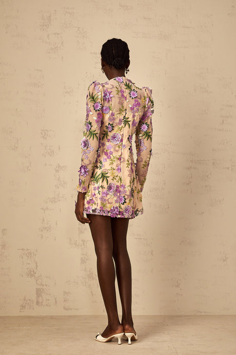 Aurohaya Jolien Purple Floral Appliqué Embroidered Tulle Mini Dress