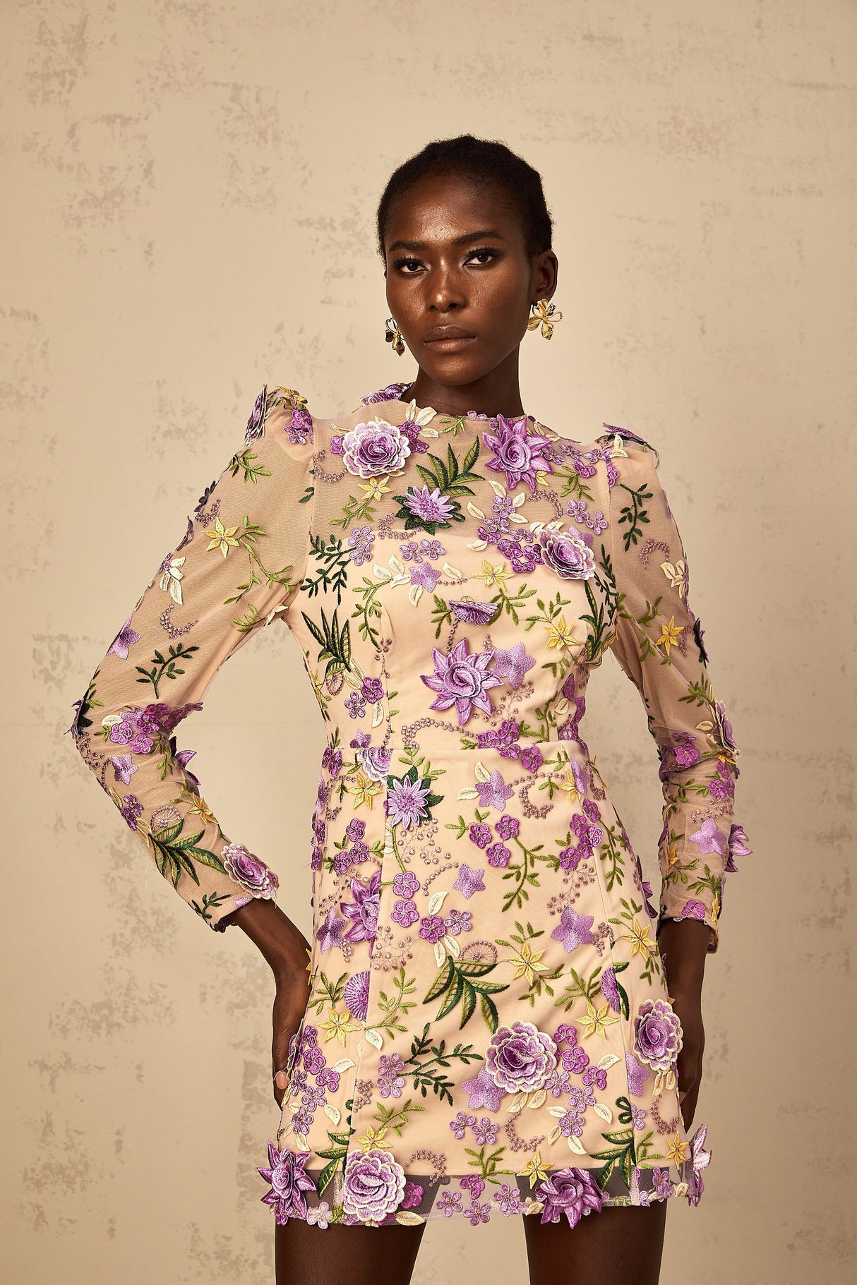 Aurohaya Jolien Purple Floral Appliqué Embroidered Tulle Mini Dress