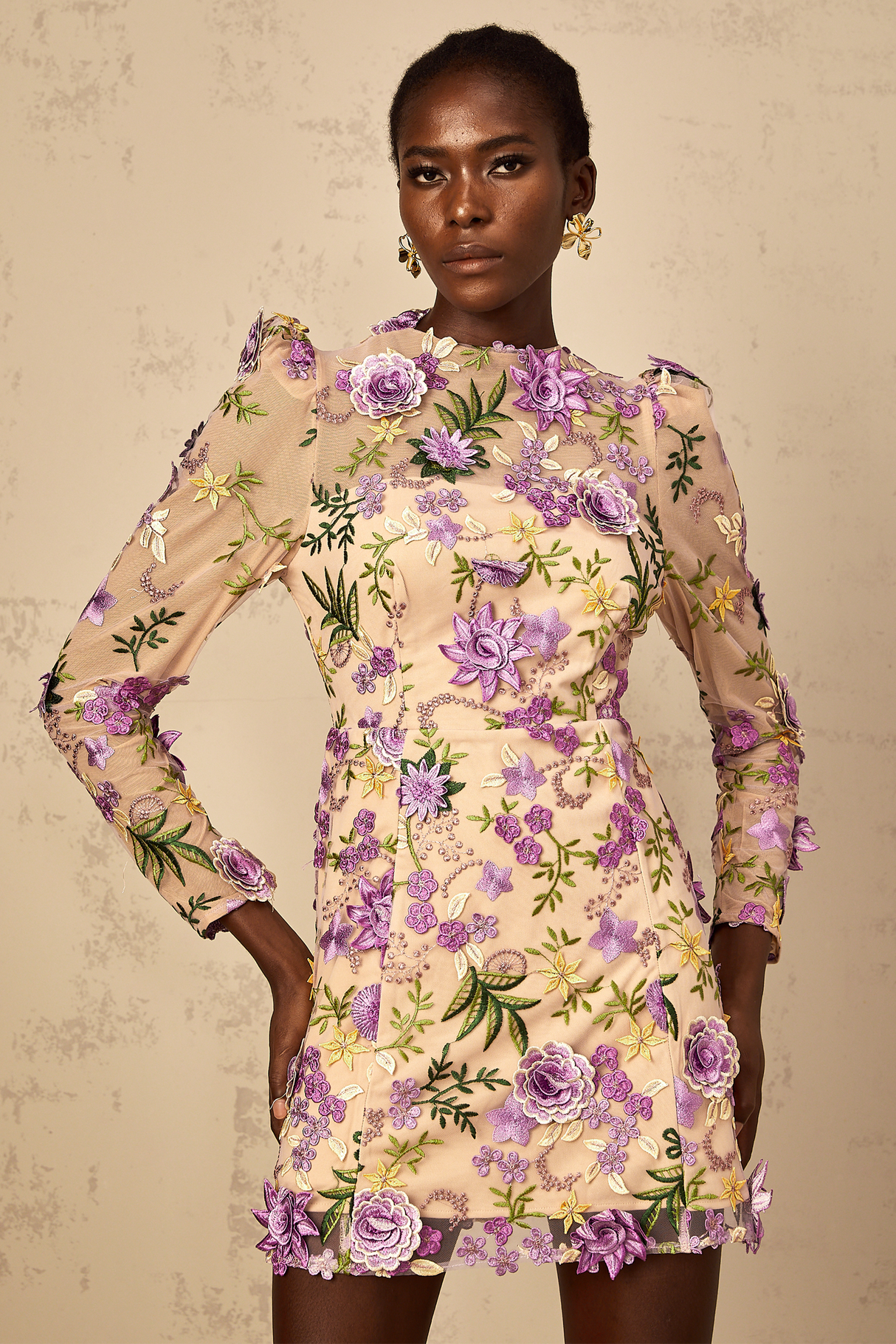 Aurohaya Jolien Purple Floral Appliqué Embroidered Tulle Mini Dress