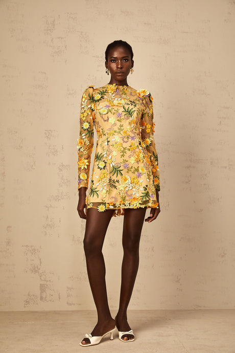 Aurohaya Jolien 3D Floral Appliqué Mini Dress in Yellow