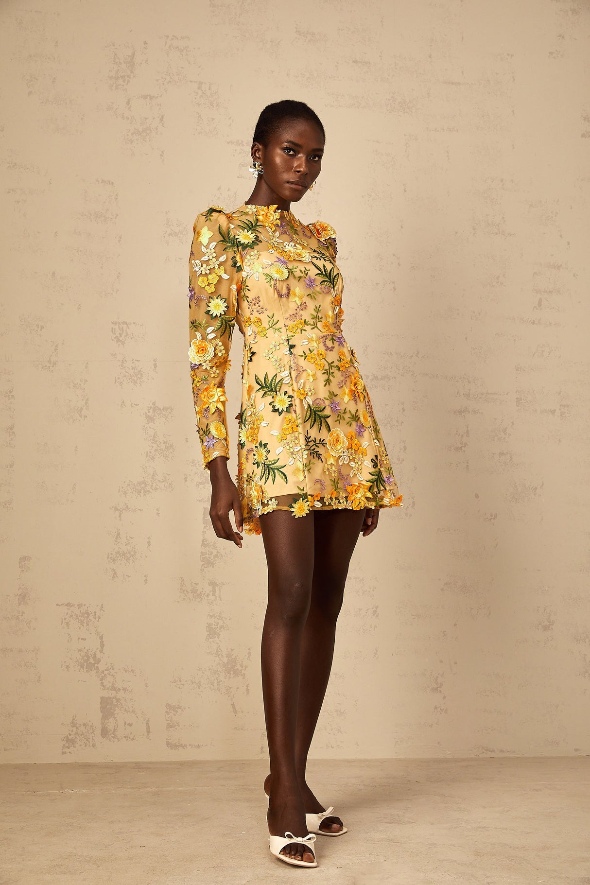 Aurohaya Jolien 3D Floral Appliqué Mini Dress in Yellow