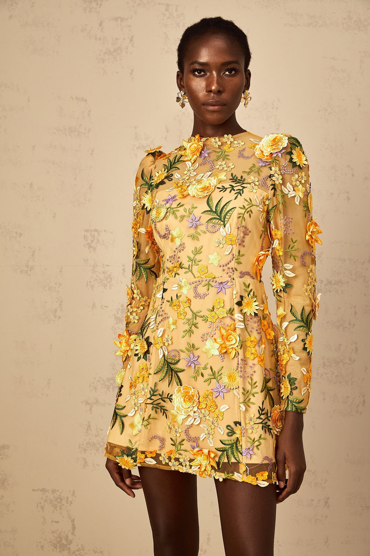 Aurohaya Jolien 3D Floral Appliqué Mini Dress in Yellow