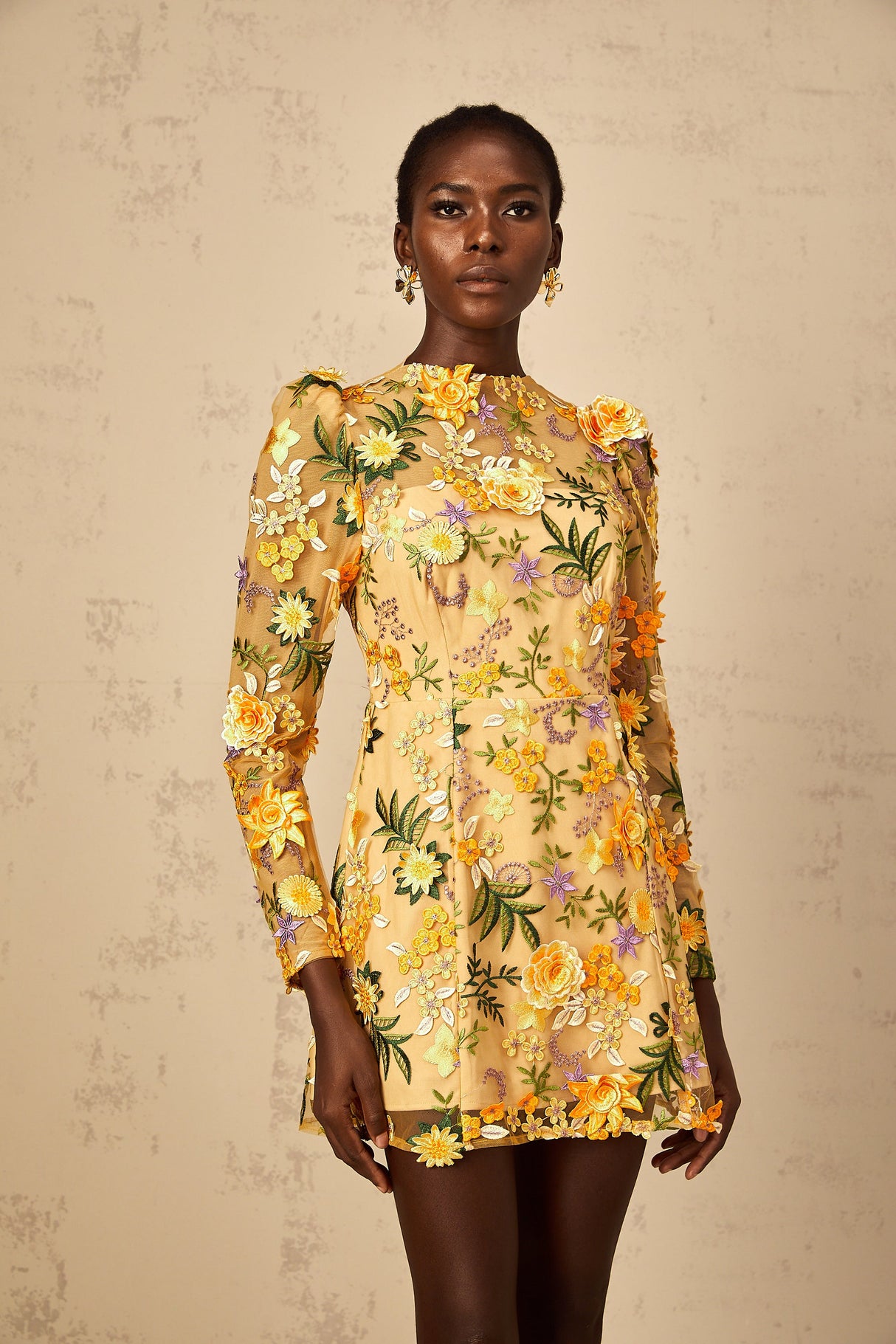 Aurohaya Jolien 3D Floral Appliqué Mini Dress in Yellow