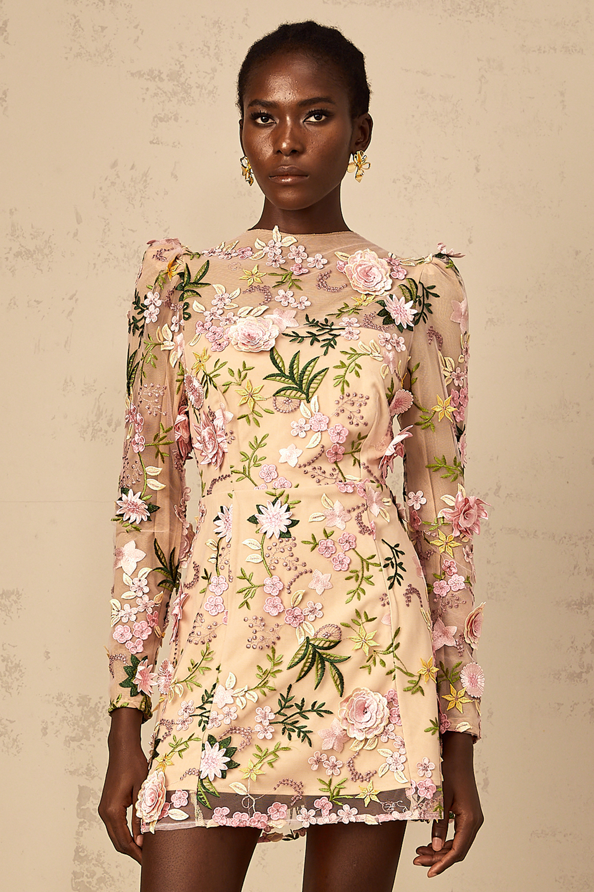 Aurohaya Jolien 3D Floral Appliqué Mini Dress in Pink