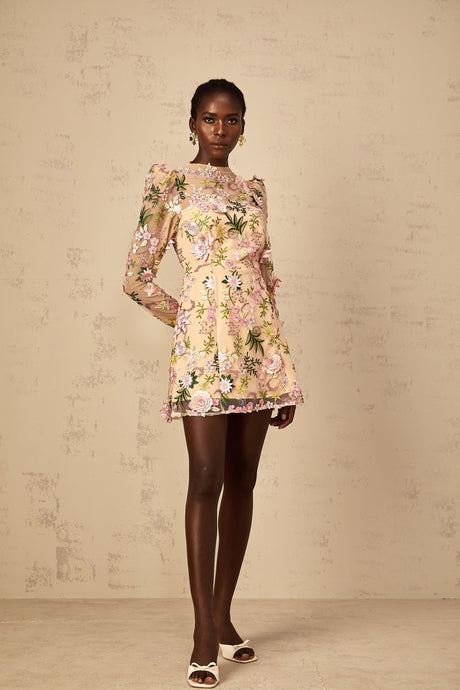 Aurohaya Jolien 3D Floral Appliqué Mini Dress in Pink