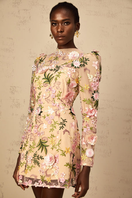 Aurohaya Jolien 3D Floral Appliqué Mini Dress in Pink