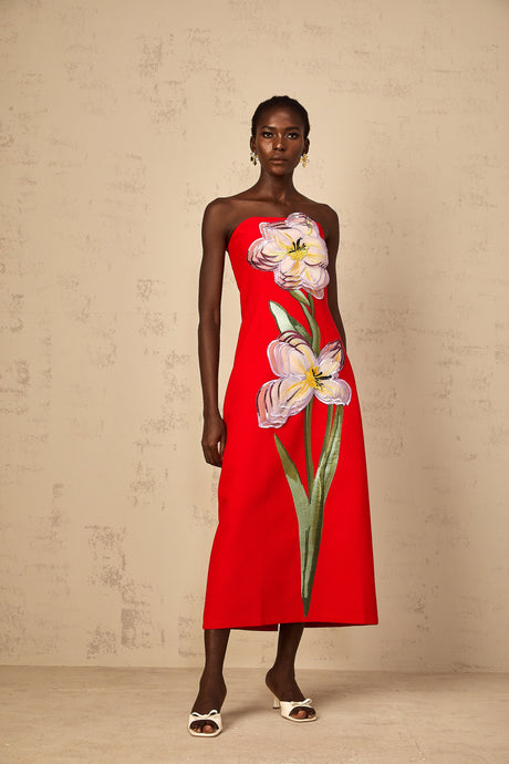 Aurohaya Irène Sequin Embroidered Off-Shoulder Midi Dress in Red
