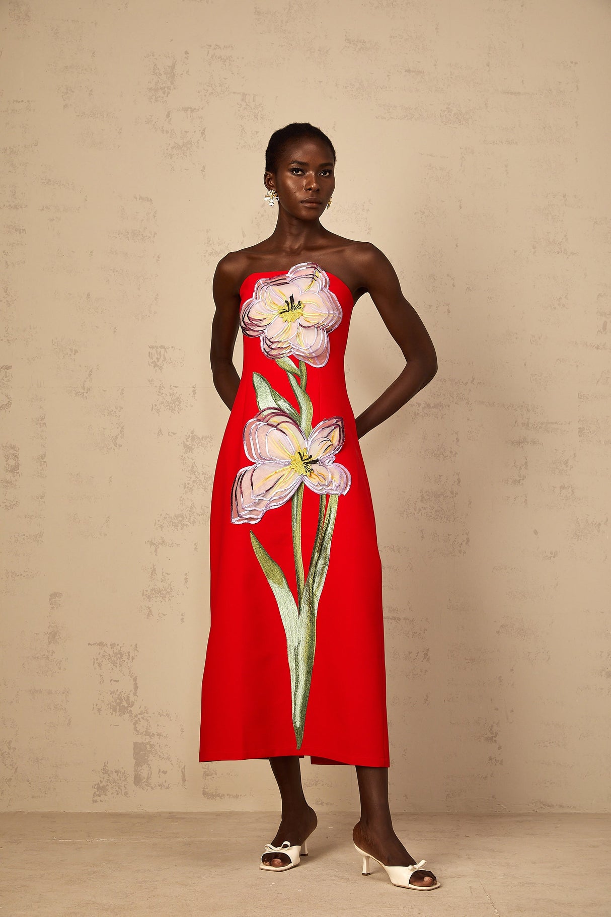 Aurohaya Irène Sequin Embroidered Off-Shoulder Midi Dress in Red