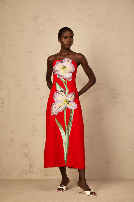 Aurohaya Irène Sequin Embroidered Off-Shoulder Midi Dress in Red